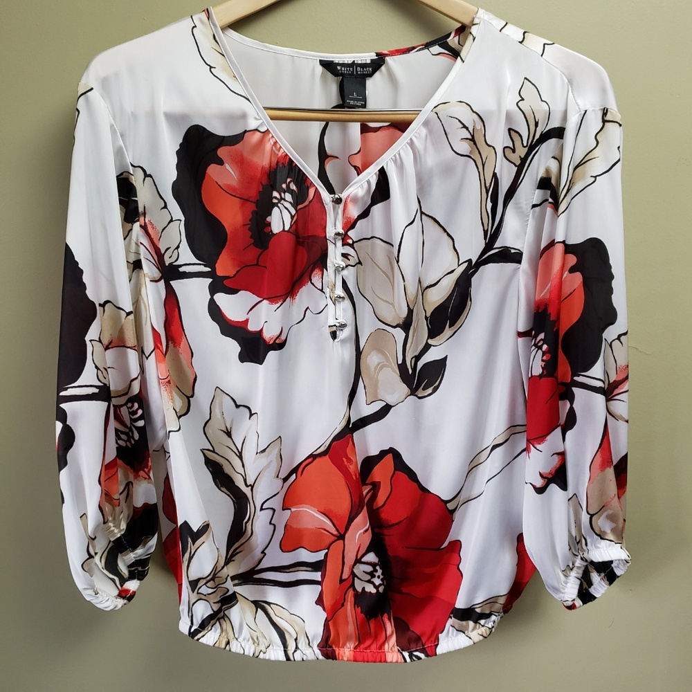 White House Black Market Red Floral Blouse